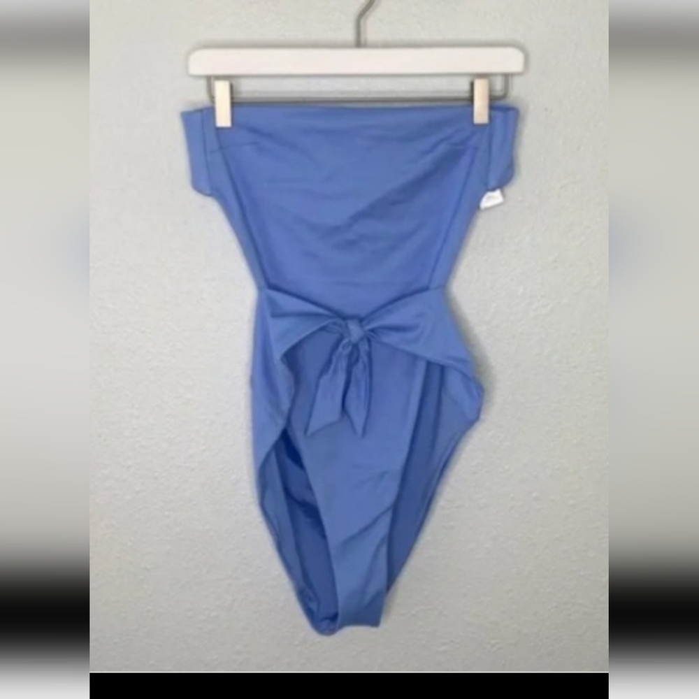Scarlet blue strapless tie front Onia one piece swimsuit